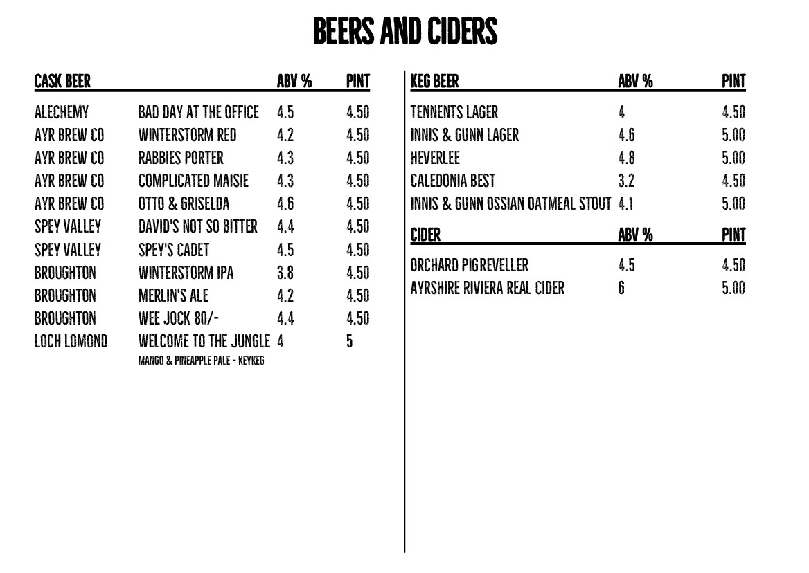 Catering and Bar Menus WinterStorm Classic Rock Weekender November 2022 Troon Ayrshire